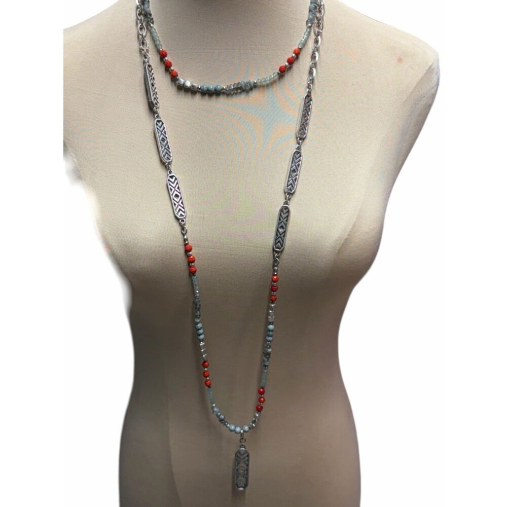 Premier Designs Long Silver-Tone Necklace Coral Light Blue Beads